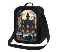 Lonchera misteriosa con diseño de castillo de Halloween, luna, caballo y murciélagos, bolsa térmica reutilizable a prueba de fugas para hombres y mujeres, ideal para la oficina, el trabajo, la escuela
