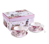 London Boutique Juego de 2 Tazas de té y platillo de Porcelana Estilo Shabby Chic Vintage Flora en Caja de Regalo (Rosa de pájaro Rosa)