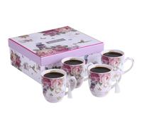 London Boutique Juego de 4 tazas de porcelana fina, diseño retro vintage Shabby Chic en caja de regalo de 330 ml (pájaro rosa mariposa)