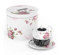 London Boutique Juego de té para una tetera y platillos para taza de té, juego de té de la tarde para 1 nuevo hueso de porcelana vintage, regalo de flora para mujer, 350 m (negro)