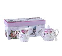 London Boutique Juego de tetera de porcelana, azucarero y jarra de leche crema, Shabby Chic Vintage Floral en caja de regalo (juego de crema y azúcar, pájaro, rosa, mariposa)