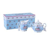 London Boutique Juego de tetera de porcelana, tetera, azucarero y jarra de leche en crema, Shabby Chic Vintage Floral en caja de regalo (juego de crema y azúcar, color azul rosa)