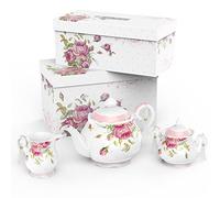 London Boutique Juego de Tetera Grande para Leche, Azucarero y Té de la Tarde - Porcelana China, Caja de Regalo Vintage Flora, 1300 ml