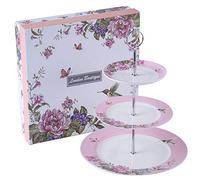 London Boutique Pastel, Rosa, Tarde de 3 Niveles, Soporte para Tartas Vintage, pájaro, Mariposa, Nuevo Plato de Servir de Porcelana para Fiesta, Regalo de té Alto, 10.7 Inches