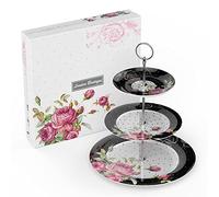 London Boutique Soporte para Tartas de 3 Niveles, Platos de té de la Tarde, diseño Vintage de Porcelana de Hueso, Regalo para Ella (Negro)