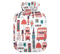 London Bus Big Ben - Bolsa de agua caliente con funda, 2 L, a prueba de fugas, para calentador de manos, pies, cuello, hombros, espalda, alivio del dolor muscular, compresa fría