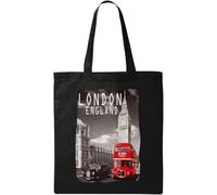 London England Big Ben and Red Bus - Bolsa de algodón ecológico natural, color negro, Black, Talla única