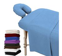 LONDON LINENS Juego de sábanas de 3 piezas para mesa de masaje, 100% franela de algodón natural, incluye funda para mesa de masaje, sábana bajera ajustable y funda para reposa cara de masaje (azul