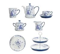 London Pottery Juego de té de porcelana para la tarde, tazas y platillo, con tetera, azucarera, tarro de leche, soporte de postre para bodas, fiestas (juego de té de la tarde con rosas azules, 7
