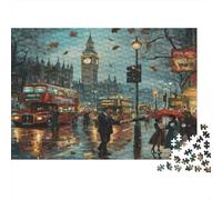 London Rainy Street Scene 1000 Piezas Rompecabezas Estimulación Mental Adultos Calle Lluviosa Londres con Autobús Rojo y Peatones Premium Resistente Desafiante Alivio Estrés 38x26cm/1000pcs