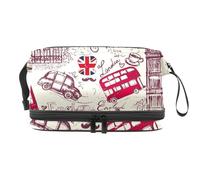 London UK - Neceser de doble capa para tarjetas postales británicas para mujeres y niñas, neceser de viaje, bolsa organizadora de maquillaje con compartimento para cepillos, multicolor, 27x15x14