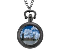 London View of Westminster Bridge with Thames River Vintage Pocket Watch Alloy Pendant Watches Necklace Gift for Men Women, Estilo negro, talla única