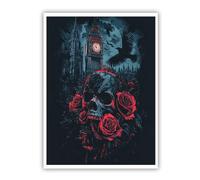 Londres gótico, lienzo Big Ben, dibujo pared sin enmarcar, torre del reloj, calavera, rosas rojas, imagen cuervos nocturnos, magia oscura esqueleto, póster impreso para la habitación 85x110cm