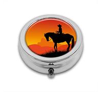 Lonely Cowboy at Hill on Horseback Heroic Sunset View Custom Round SilverBox Pocket 2.1" - 3 Compartimentos Box/Pastillero Bolsillo
