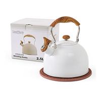 LONFFERY Hervidor de té, hervidor de té silbante de 2.5 cuartos de galón, ollas de té para estufa de acero inoxidable de grado alimenticio con mango plegable de patrón de madera, blanco