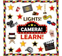 Lonfliness Tablero de anuncios de noche de cine, juego de decoración de aula, temática motivacional de película de Hollywood, recortes de estrellas de cine para aula, pizarra, decoración de pared,
