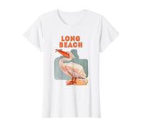 Long-Beach California Estados Unidos Surfing Playa Pelican Gráfico Camiseta gráfica económica, Mujer, Blanco, M