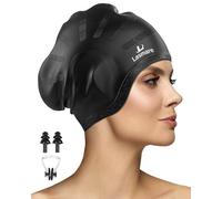 Long Hair Swim Cap for Women Men with 3D Ear Protection, Silicone Swimming Cap for Long/Short Hair to Keep Hair Dry, Waterproof Adult Swim Hats Bathing Caps with Ear Plugs & Nose Clip (Black)