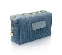 Long Keeper Bolsa de cosméticos de terciopelo para mujer, bolsa de maquillaje acolchada para viajes, cuidado de la piel, bolsa organizadora grande para artículos de tocador, Azul