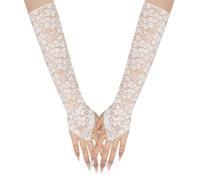 Long Keeper Guantes de Encaje Largos para Mujer Guantes de Novia Sin Dedos Encaje de Brazo Largo Medio Dedo Sexy para Halloween Fiesta Disfraz Boda (Blanco)