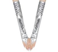 Long Keeper Guantes Largos Piel Sin Dedos para Mujer Guantes de Brazo Largo Cuero PU Medio Dedo Sexy Disfraz para Halloween Fiesta Cospaly (Plata)