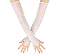 Long Keeper Guantes largos sin dedos con diamantes de imitación transparentes, de tul, brillantes, longitud al codo, para mujer, para fiesta de disfraces de Halloween, Blanco, Talla única