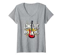 Long Live Rock & Roll - Guitarra icónica para Amantes de la música Camiseta Cuello V, Mujer, Gris Jaspeado, M