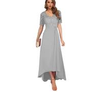 Long Mother of The Bride Dresses para Mujeres Garlón de Encaje A-Línea Baila de Boda Formal Baja Altas,Plata,S