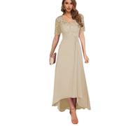 Long Mother of The Bride Dresses para Mujeres Garlón de Encaje A-Línea Baila de Boda Formal Baja Altas,Champagne,M