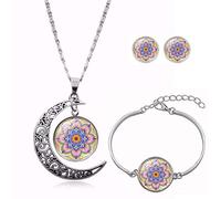 Long Pendant Necklaces For Women,Abstract Retro Mandala Flower Plant,Rotating Moon Stud Earring Suit European and American Necklace Jewelry Crystal Pendant Sweater Chain Fashion Gift