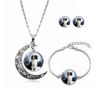 Long Pendant Necklaces For Women,Bright Crescent Moon Cute Black Puppy Animal,Rotating Moon Stud Earring Suit European and American Necklace Jewelry Crystal Pendant Sweater Chain Fashion Gift