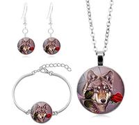 Long Pendant Necklaces For Women,Bright Red Rose Wolf Animal,Double-Sided Rotation Stud Earring Suit European and American Necklace Jewelry Crystal Pendant Sweater Chain Fashion Gift