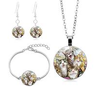 Long Pendant Necklaces For Women,Cute, Smiling, Cat Animal,Double-Sided Rotation Stud Earring Suit European and American Necklace Jewelry Crystal Pendant Sweater Chain Fashion Gift