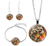 Long Pendant Necklaces For Women,Cute Tree Hole Raccoon Animal,Double-Sided Rotation Stud Earring Suit European and American Necklace Jewelry Crystal Pendant Sweater Chain Fashion Gift
