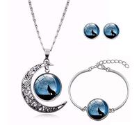 Long Pendant Necklaces For Women,Personality Round Moon Beautiful Wild Wolf Animal,Rotating Moon Stud Earring Suit European and American Necklace Jewelry Crystal Pendant Sweater Chain Fashion