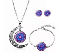 Long Pendant Necklaces For Women,Purple Rhombus Mandala Flower Plant,Rotating Moon Stud Earring Suit European and American Necklace Jewelry Crystal Pendant Sweater Chain Fashion Gift