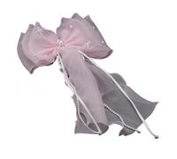 Long Ribbon Mesh Bow Women Hair Clips Elegant Pearls HairBands White Hairpins Wedding Party Bride Accessories(Pink)