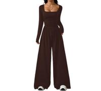 Long Sleeve Jumpsuit for Women Square Neck Ruched Wide Leg Pants (Brown,xx_l)