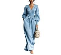 Long Sleeve Maxi Dress for Women V Neck Smocked Waist with Pockets (Blue,S)