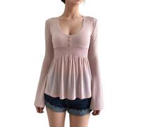 Long Sleeve Peplum Top For Women Lace Trim V Neck Button Babydoll Blouse (Pink,S)