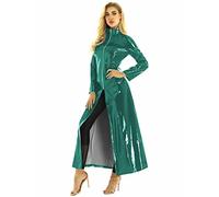 Long Sleeve PVC Pleated Front Zipper Ladies Costume Pull The Wind Dress,Dark Green,6XL