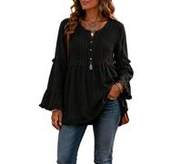 Long Sleeve Tops for Women Loose Fit Button Front Blouse (Black,XXL)