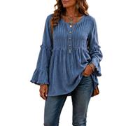Long Sleeve Tops for Women Loose Fit Button Front Blouse (Blue,L)