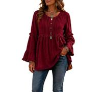 Long Sleeve Tops for Women Loose Fit Button Front Blouse (Burgundy,S)