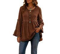Long Sleeve Tops for Women Loose Fit Button Front Blouse (Coffee,L)