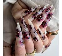 Long Stilettos Almond Fake Glossy Stick on Full Covers Falso Acrílico Pegamentos en ataúd almendra punta francesa