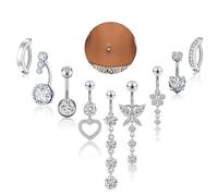 Longbeauty Piercing para ombligo 14G, juego de 9 unidades, acero inoxidable, para ombligo, corto y largo, anillos para ombligo, corazón, mariposa, flores, 14G | 10MM, Acero inoxidable