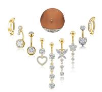 Longbeauty Piercing para ombligo 14G, juego de 9 unidades, acero inoxidable, para ombligo, corto y largo, anillos para ombligo, corazón, mariposa, flores, 14G | 10MM, Acero inoxidable