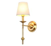 LONGDUOU Lámpara de pared de tela vintage de mediados de siglo con pantalla de lino en forma de embudo, base E14, lámpara de pared de 1 luz for interiores, lámpara de pared de poste largo de latón for