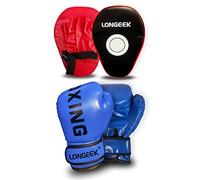 longeek Kids Boxing Gloves 4oz Junior Cartoon Training Sparring Punch Bag Mitt for Child Age 3 to 12 Years (Red Pad Blue boxinggloves)
